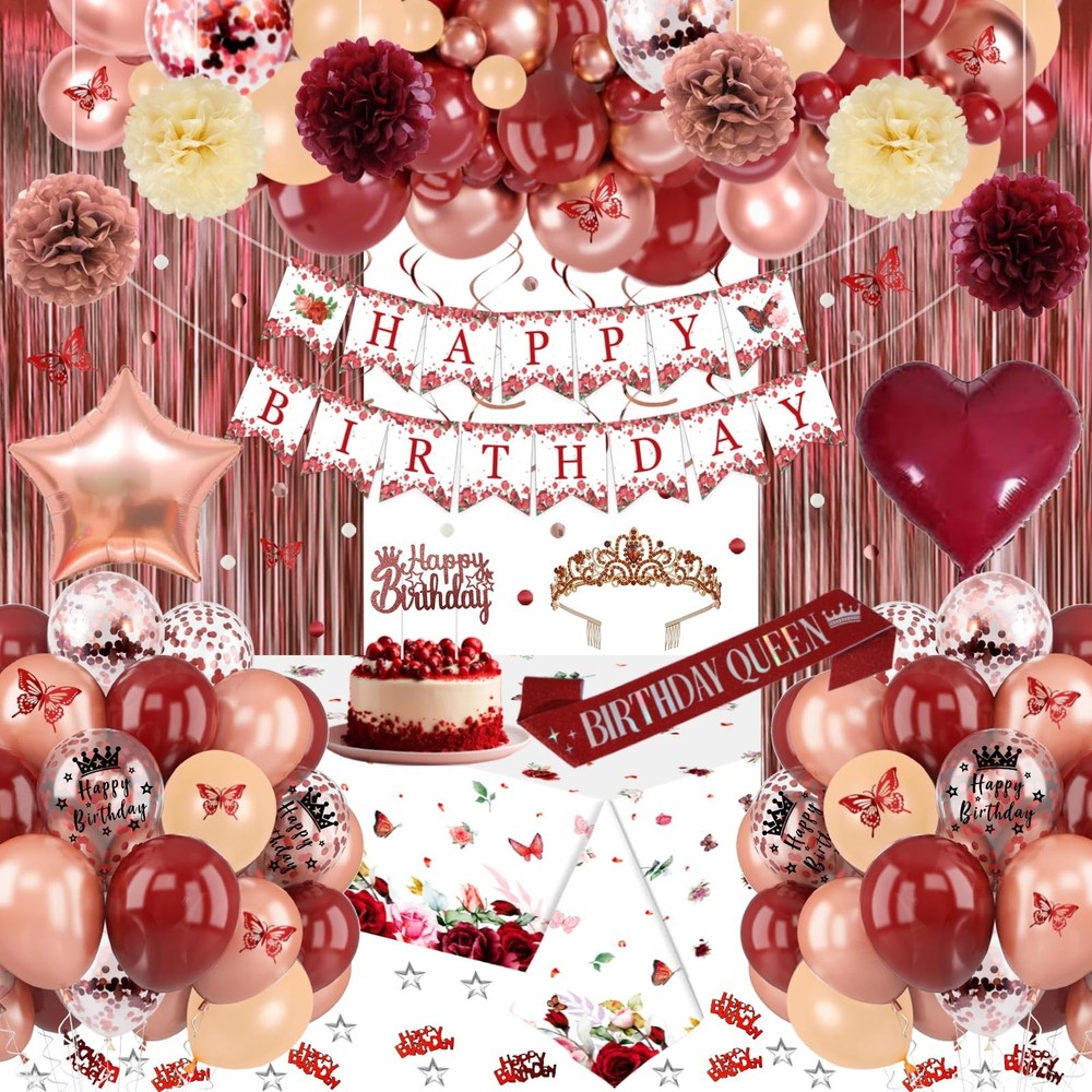 Burgundy Rose Gold Birthday Decorations with Happy Birthday Banner, Balloons,…