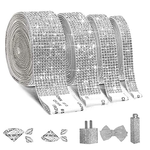 4 Rolls Self-Adhesive Crystal Rhinestone Ribbon, Diamond Bling Ribbons Silver