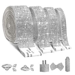 4 Rolls Self-Adhesive Crystal Rhinestone Ribbon, Diamond Bling Ribbons Silver