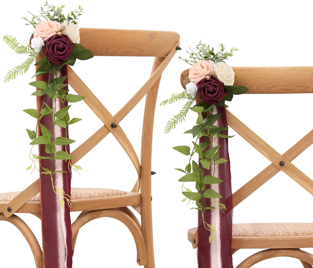 Burgundy Pew Flowers Set of 10 with Eucalyptus for Wedding Aisle Decor