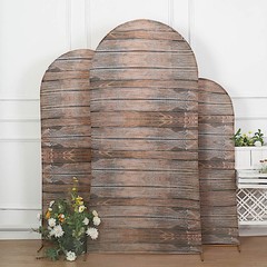 3 BROWN Fitted Spandex Round Top Backdrop STAND COVERS Set Wooden Design Party