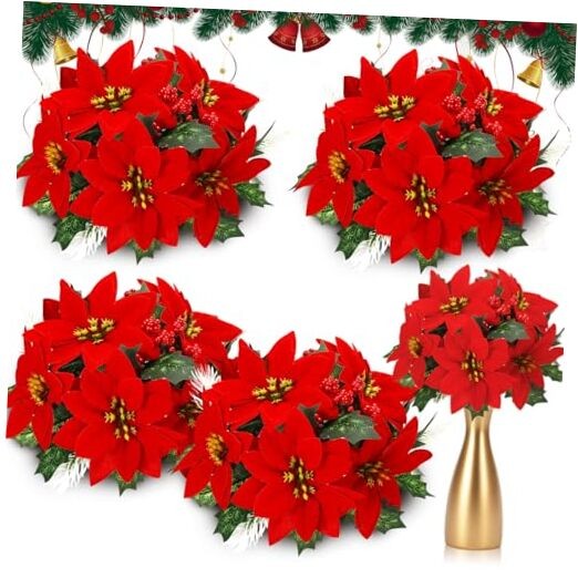 4 Pack Christmas Table Centerpieces Artificial Poinsettia Flower Ball Red