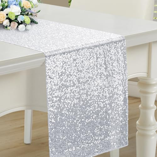 RUDONG M 1 Pack Silver Sequin Table Runner 12 x 108 Inch, Rectangle Glitter