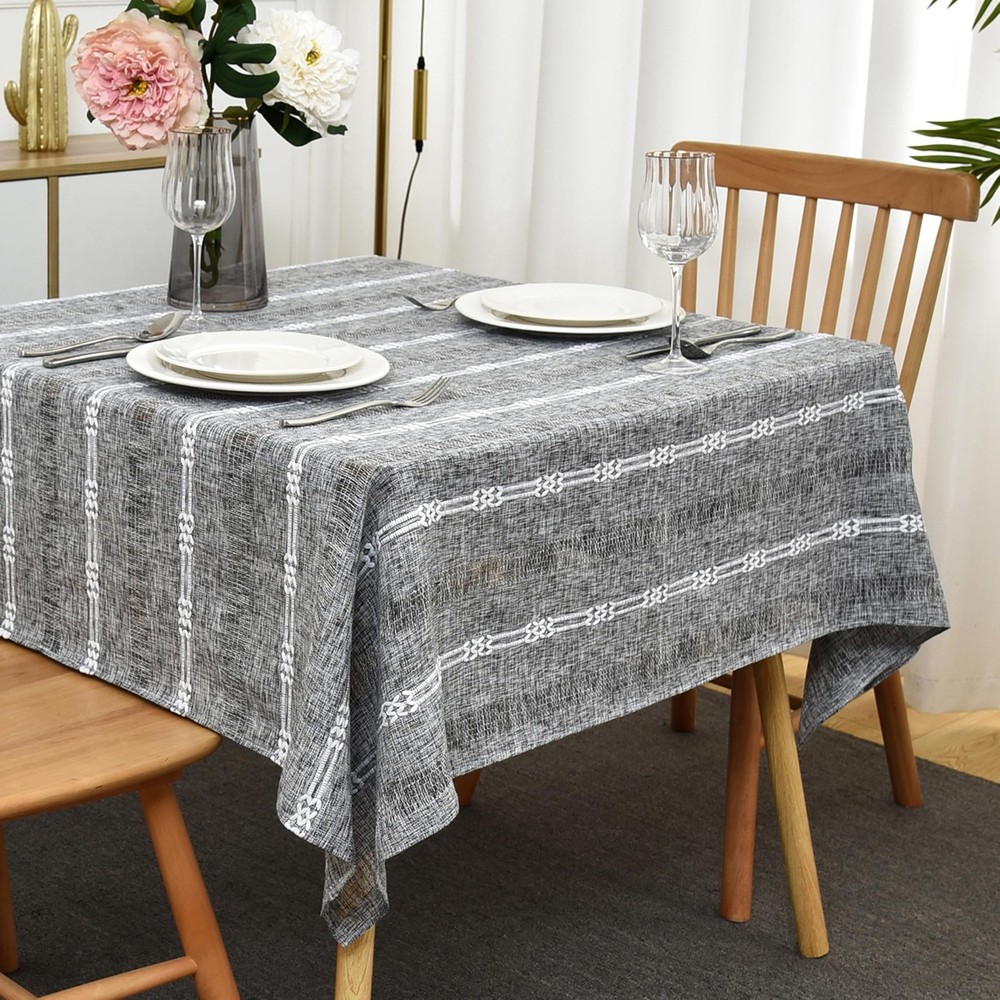 Farmhouse Striped Embroidery Square Tablecloth, Openwork Heavy Weight Linen W…