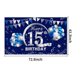 Kauayurk Blue Silver 15th Birthday Banner Decorations for Boys, Happy 15 Birt…