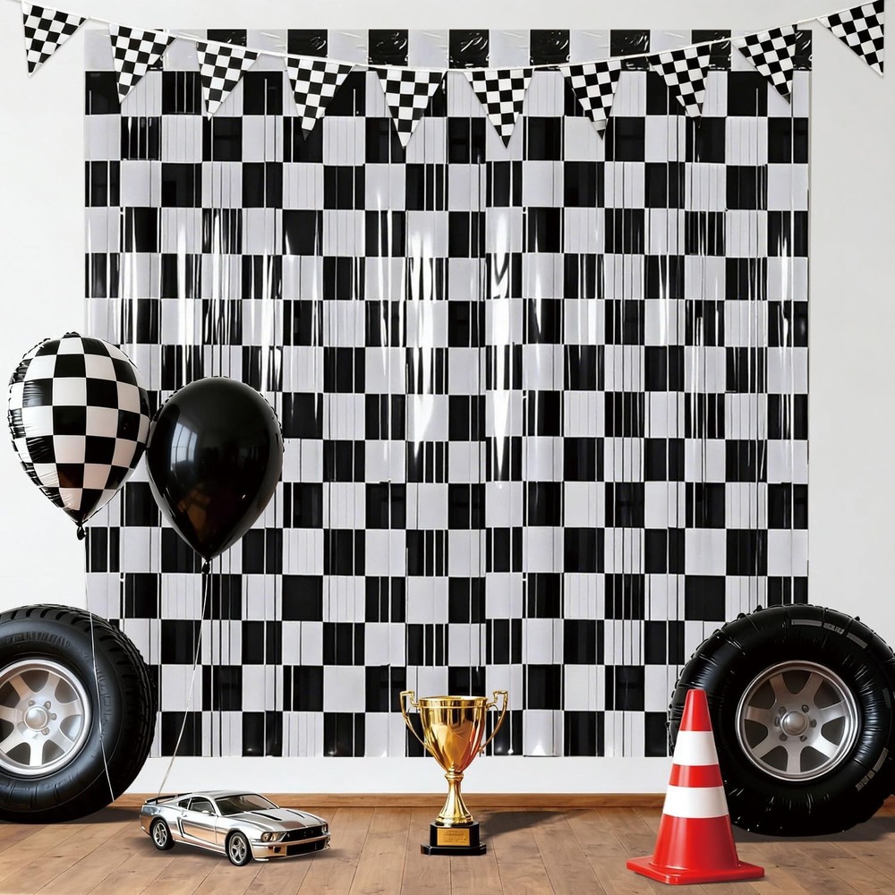 2 Pcs Race Car Curtains, Checkered Black White Foil Streamers Fringe Curtains…