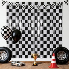 2 Pcs Race Car Curtains, Checkered Black White Foil Streamers Fringe Curtains…