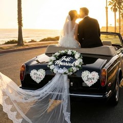 Just Married Car Decorations Set – White Floral Wreath with Long Tulle, Static