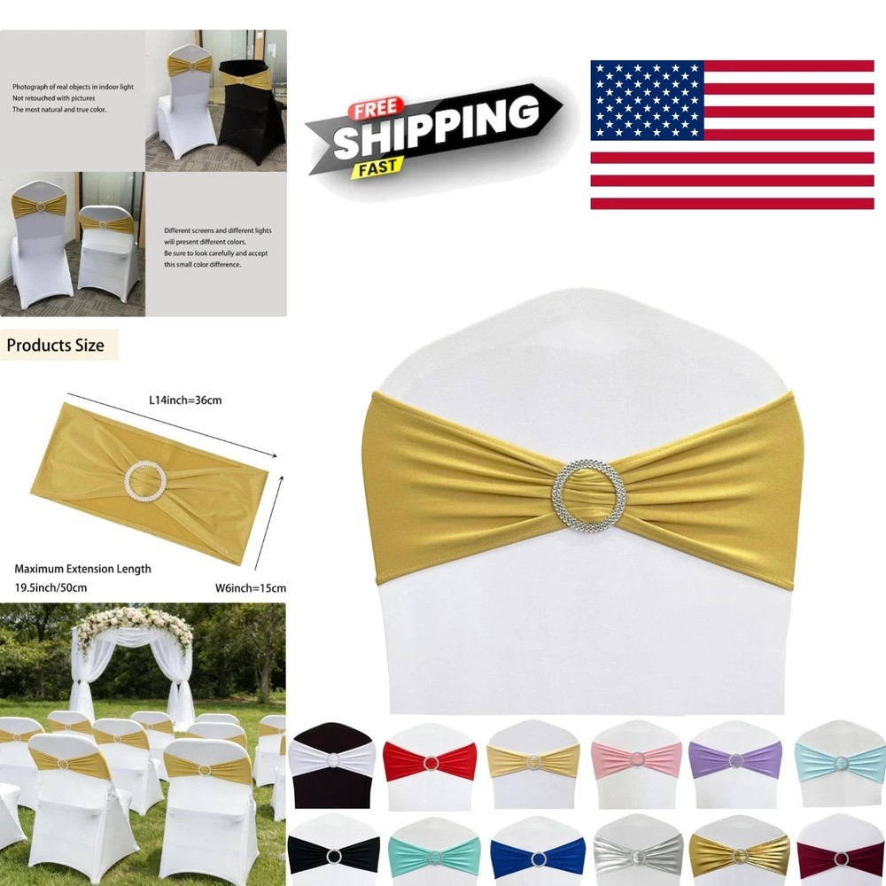 50PCS Stretch Chair Sashes in Gold Polyester Spandex for Wedding Decoration