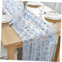 Blue Snowflake Winter Table Runner 120” 10ft Tulle Blue White Gauze Snowflake