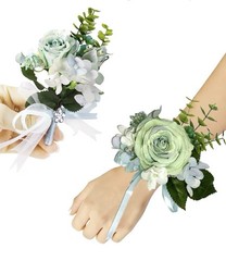 2Pcs Aqua Teal Rose Wrist Corsage & Boutonniere Set Wedding Prom Party