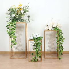 3 Gold Metal Pedestal Stands Geometric Crossed Lines Pattern Party Decorations