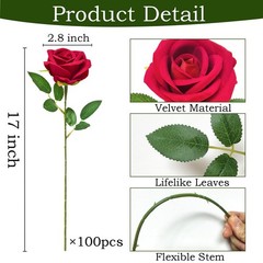 100Pcs Red Roses Artificial Flowers with Stems，Fake Roses Bouquet Fake Fl