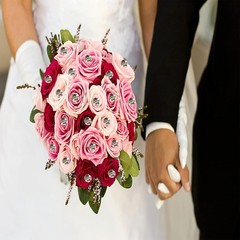 Golden Rose centerpiece embellished with satin and rhinestone ribbon…you pick co
