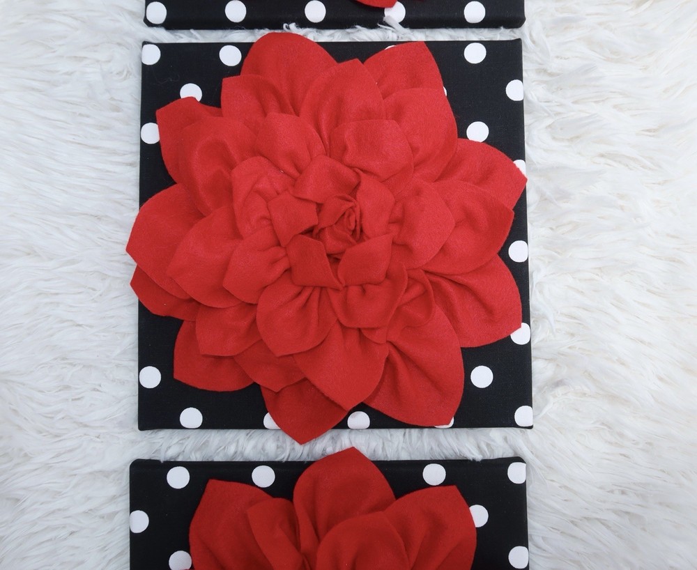 3D Red Flower Wall Decor Set Black White Polka Dot Canvas Art Glam Boutique 4pc