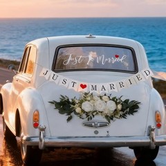 Wedding Car Decoration Kit for Rear Window and Trunk, Just Married Banner with