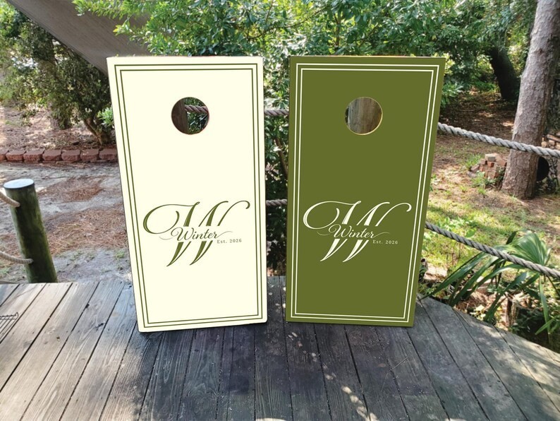 Custom Wedding Cornhole Wraps or Boards – Olive Green and Cream Design