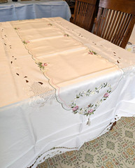 Heart of Roses Table Runner on Ivory, 16″x72″, Embroidered with End Tassels