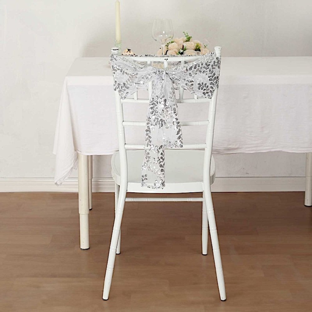 5 SILVER Embroidered Sequin CHAIR SASHES Party Events Decorations Supplies