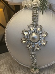 White Satin Wedding Keepsake-White Bows,Rhinestone Trim,Roses,Rhinestone Button