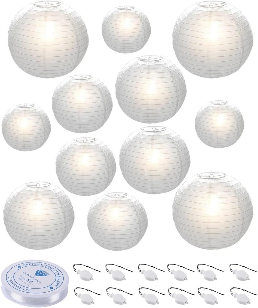 12pcs White Paper Lanterns with LED Lights Assorted Sizes Hanging Party Decor