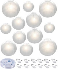 12pcs White Paper Lanterns with LED Lights Assorted Sizes Hanging Party Decor