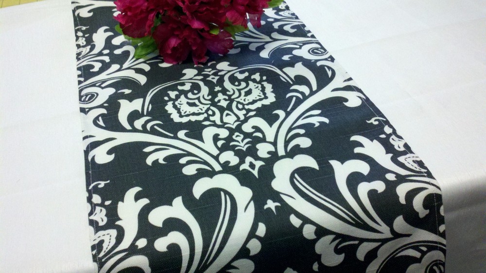 Damask Wedding Table Runner White Black 72″ Traditions
