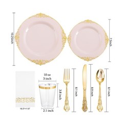 YOUBET 700PCS Pink Plastic Plates – Pink and Gold Plates – Luxury Pinks Plast…