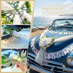 Just Married Car Decorations Set – White Wedding Car Ribbon & Flower Kit with