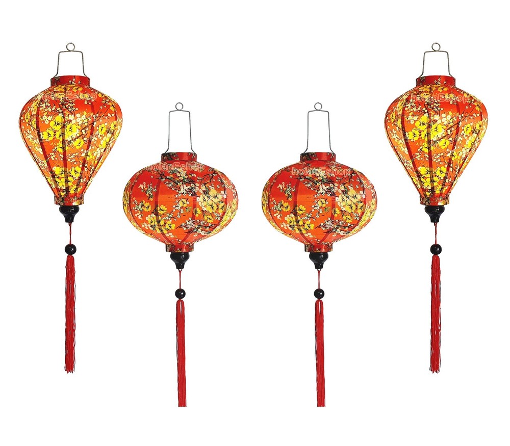 Set 4 Hoi An silk lanterns with Apricot flowers fabric – Cherry blossom fabric