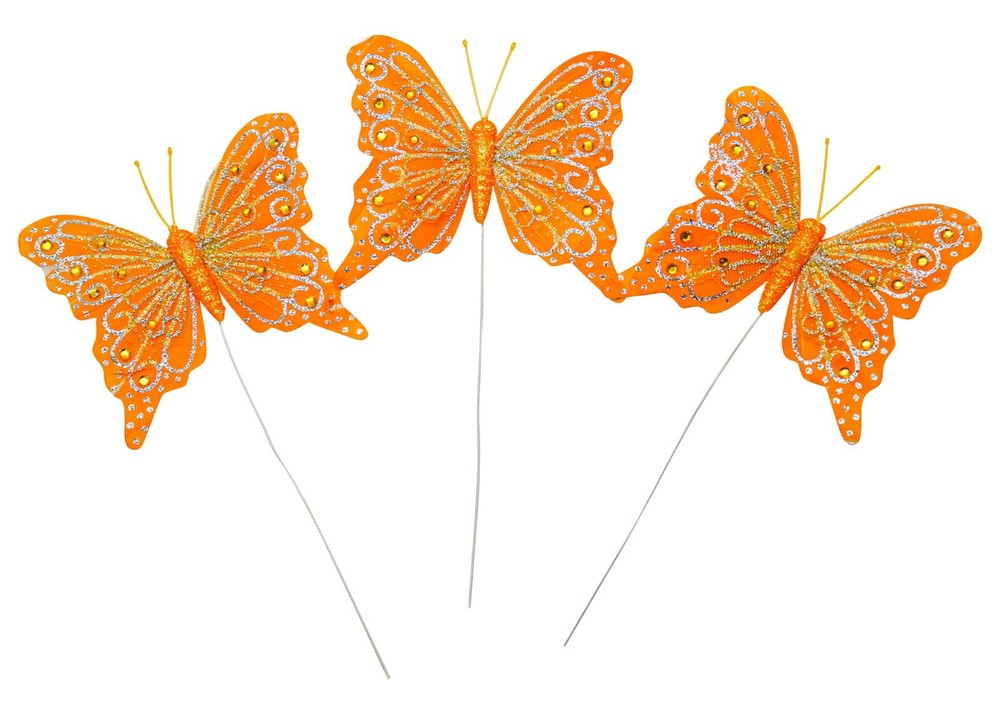 12PC 4″ Orange + Silver Glitter Feather Butterfly Craft DIY Wedding Cake Topper