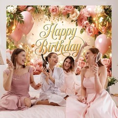 Happy Birthday Backdrop Banner For Women Girls Princess Pink Floral Flower Wa…
