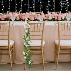 12 Pcs Artificial Wedding Chair Rose Flowers with Ribbons Pink White Green