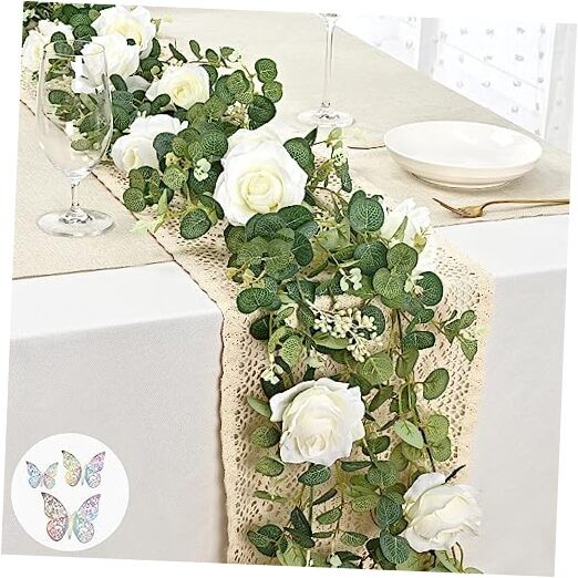 6 Ft White Flower Garland with 3D Butterfly, Artificial White Rose a