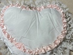 Lace Heart-Shaped Pillow. White With White Lace and Pink Trim. 9”x7”