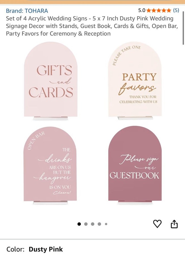 TOHARA Set of 4 Acrylic Arch Wedding Signs 5×7 in Dusty Pink w/ Stands