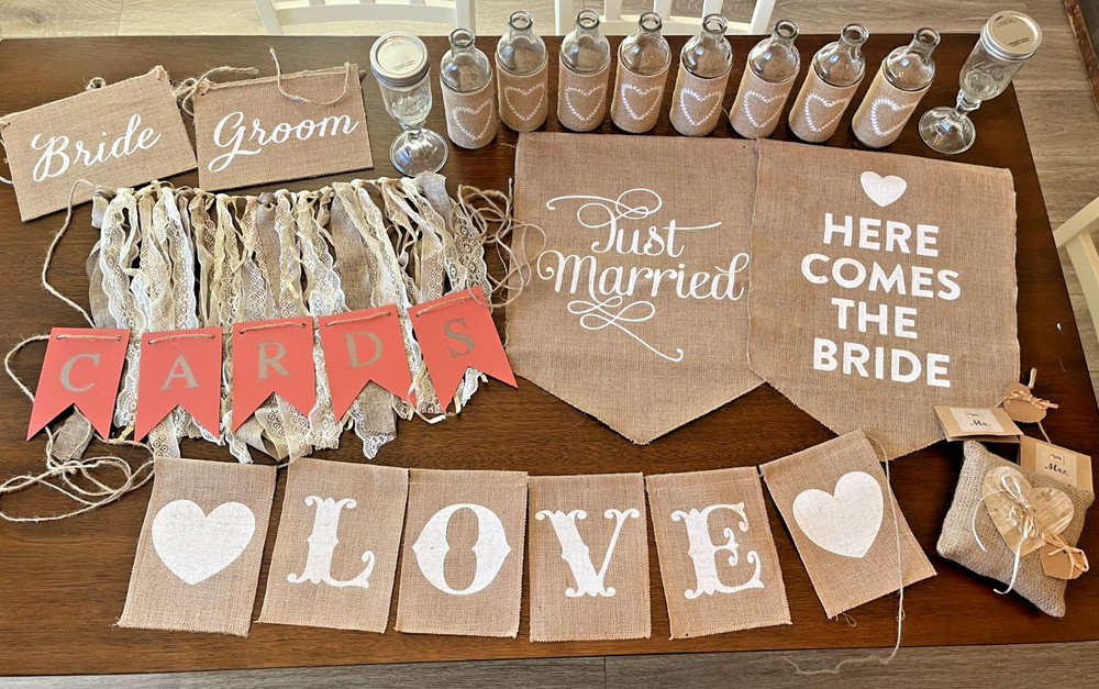 Rustic Wedding Decorations (used)- 18 Piece Lot- Burlap/Hand Made/Antique