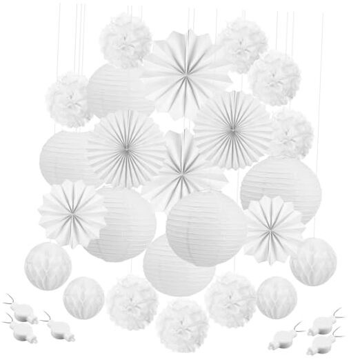 30 Pcs White Wedding Party Decorations Hanging White Paper Lantern Fans