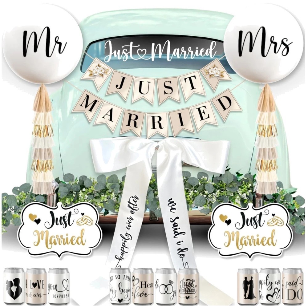 Just Married Banner, Magnets, Garland – 33 Pc