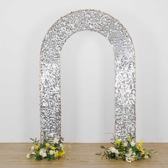 8ft SILVER Fitted Big Payette Sequin Open Arch Double Sided STAND COVER Party