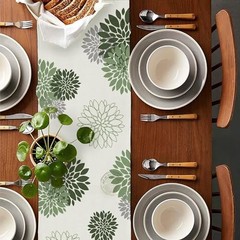 Table Runner Dahlia Pinnata Flower Beige Table 13 x 36 Inch Sage Green Grey