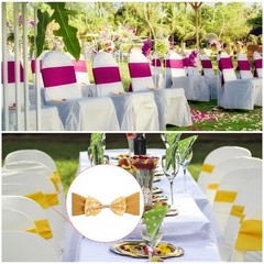 10Pcs 12″x8″ Chair Sash Bow Spandex Stretch Chair Cover Band Sashes Gold Tone