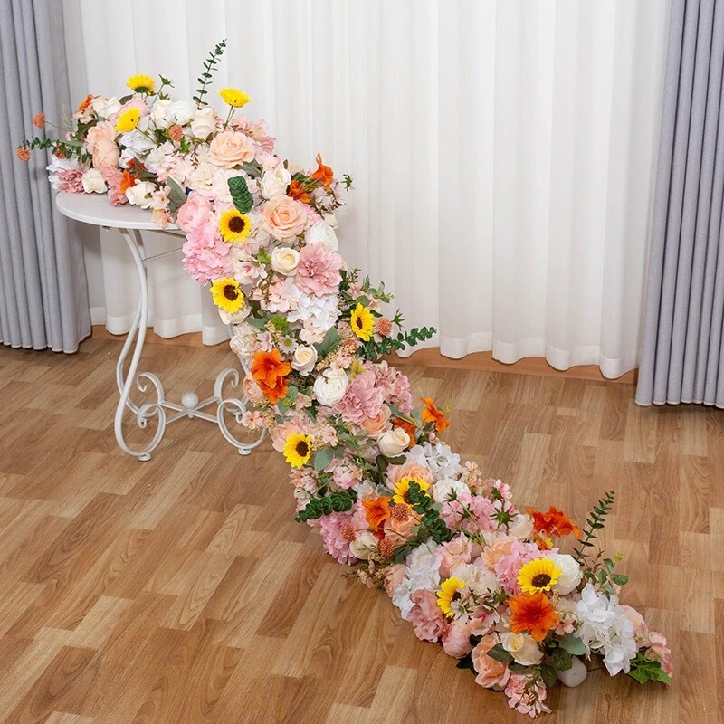 Artificial Rose Strip Table Runner Flower Row Arrangement Wedding Backdrop Wall