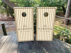 Custom Wedding Cornhole Wraps or Boards – Cream and Tan Striped Design