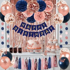 Rose Gold and Navy Blue Birthday Party Decorations with Happy Birthday Banner…