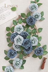 Ling’s Moment Artificial Flowers 25Pcs Dusty Blue & Navy Roses Decor w/Stems,…