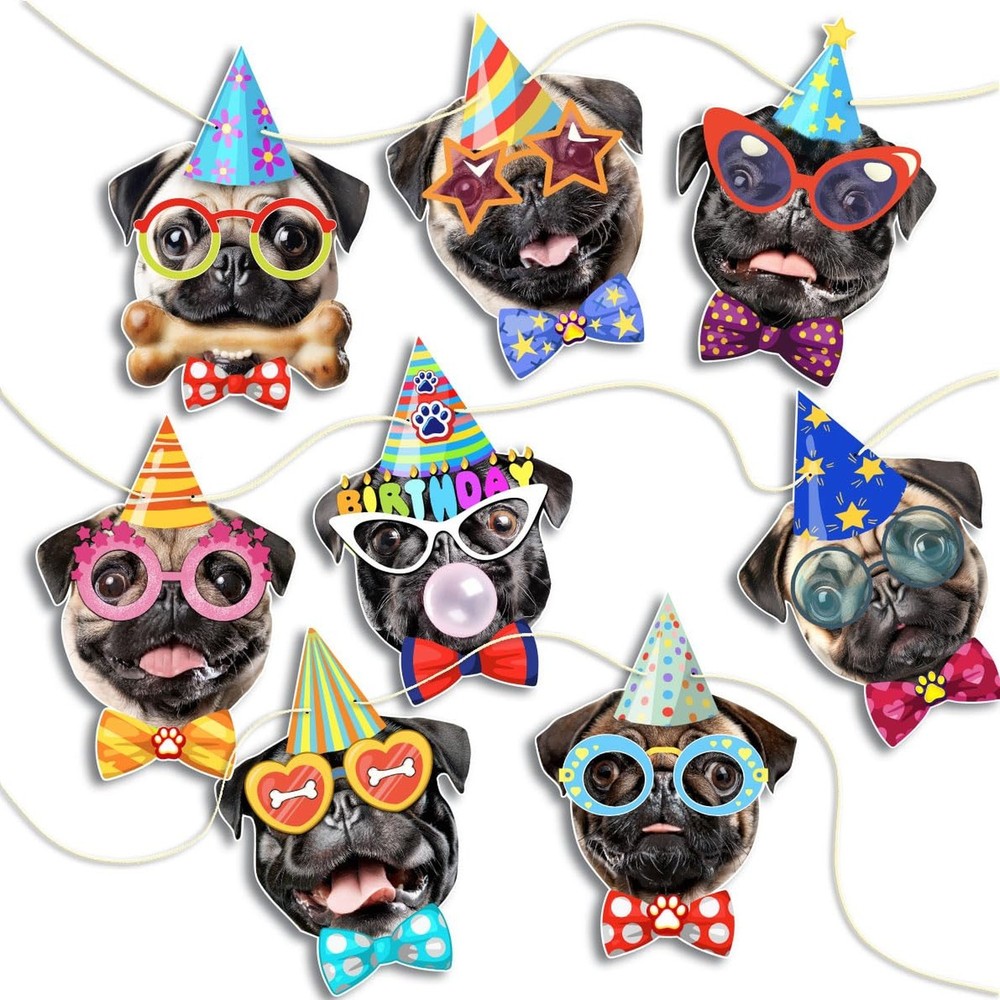 Pug Birthday Garland — Photographic Pug Faces Birthday Banner, Funny Pug B