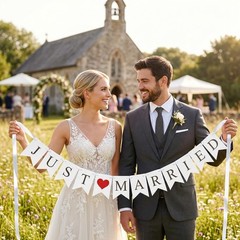 Vintage Just Married Banner Wedding Bunting Sign Photo Booth Props Garland