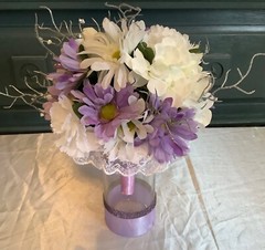 Bouquet holder/vase with satin ribbon and rhinestones….you pick colors