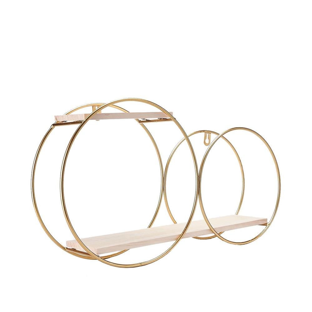 2 Tier Gold Natural Round Metal with Wood Geometric Floating Shelf Decorations